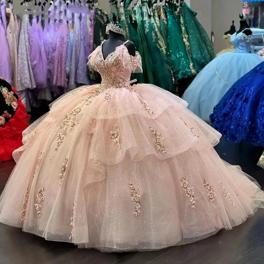 Princess Pink Off Thoulder Ball Gown Quinceanera Dress Beaded Birthday Party Gowns Applique Sweet 16 Tiered Vestidos De 15 Años