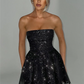 Elegant Strapless Sexy Mini Dress Women Fashion Black Off-shoulder Backless Pleated Sequins Sparkle Club Party Dress