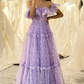 Off the Shoulder A-line Evening Gowns Lilac Dot Tulle Lace Up Corset Long Prom Dress Sweetheart Ruched Quinceanera Dresses 2024