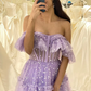 Off the Shoulder A-line Evening Gowns Lilac Dot Tulle Lace Up Corset Long Prom Dress Sweetheart Ruched Quinceanera Dresses 2024