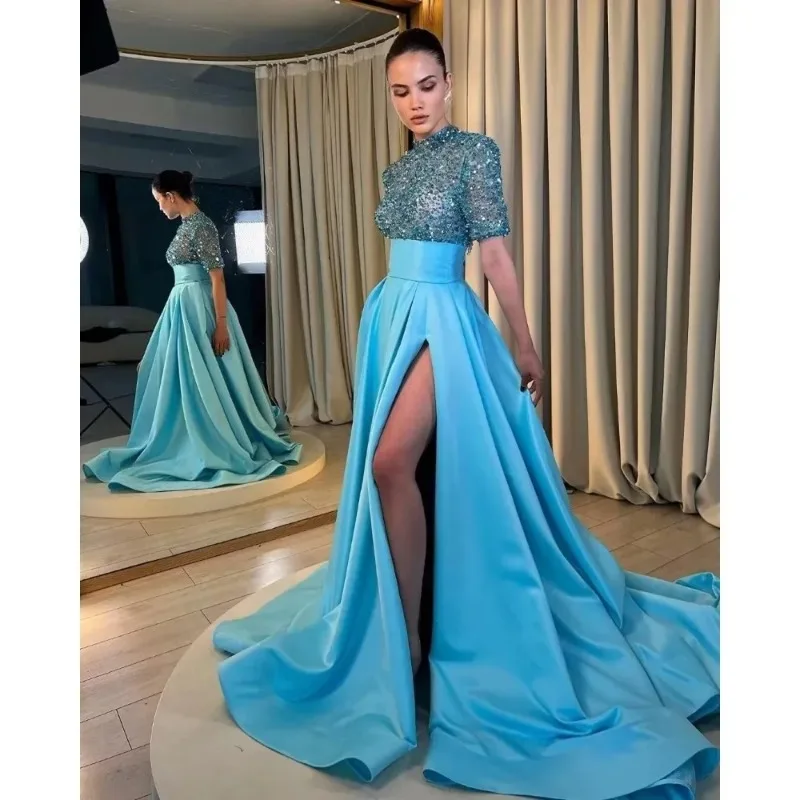 Satin Sequins Glitter Prom Dress with Slit High-Neck Ball Dress A Line Formal Evening Party Gown for Women Robe De Soirée