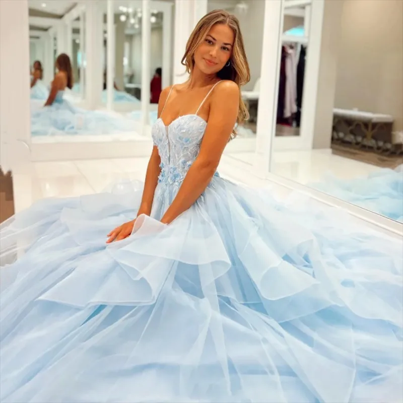 Fashion Women's Sleeveless Prom Dresses Ruffled Flower Graduate Formal Party Evening Gowns Tulle Wedding Party Vestidos