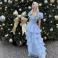 Fashion Lady Sky Blue Tiered Skirt Prom Dress Puff Short Sleeves Lace Up Formal Party Evening Gown Teen Birthday Vestidos