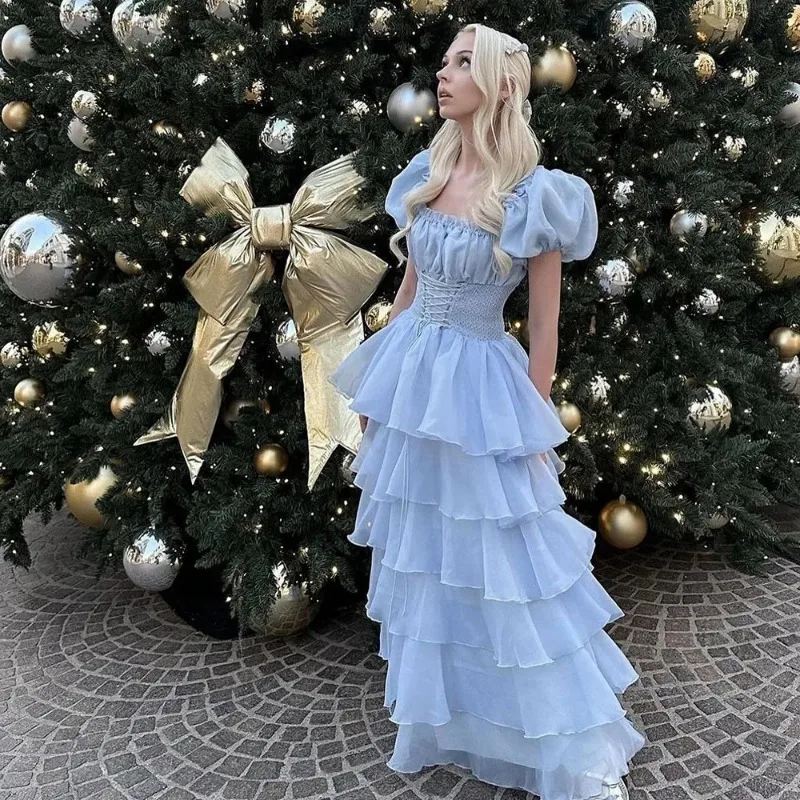 Fashion Lady Sky Blue Tiered Skirt Prom Dress Puff Short Sleeves Lace Up Formal Party Evening Gown Teen Birthday Vestidos