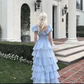 Fashion Lady Sky Blue Tiered Skirt Prom Dress Puff Short Sleeves Lace Up Formal Party Evening Gown Teen Birthday Vestidos