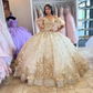 Champagne Quinceanera Dresses Ball Gown Off The Shoulder Sparkly Floral Sweet 16 Dresses 15 Años Mexican