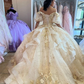 Champagne Quinceanera Dresses Ball Gown Off The Shoulder Sparkly Floral Sweet 16 Dresses 15 Años Mexican