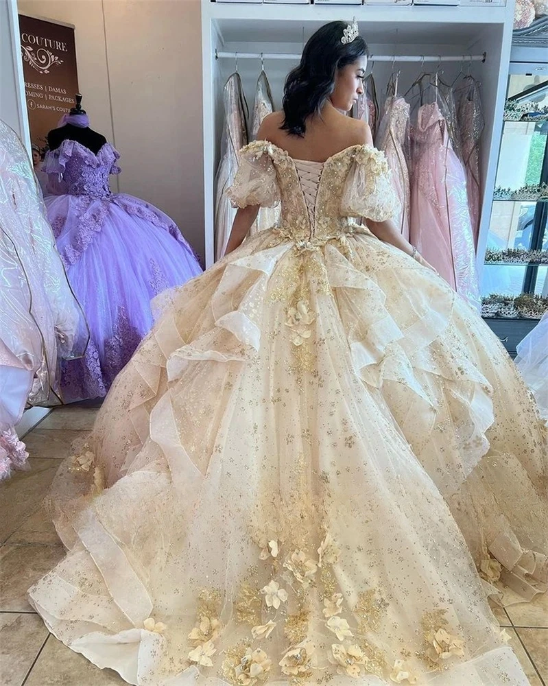 Champagne Quinceanera Dresses Ball Gown Off The Shoulder Sparkly Floral Sweet 16 Dresses 15 Años Mexican