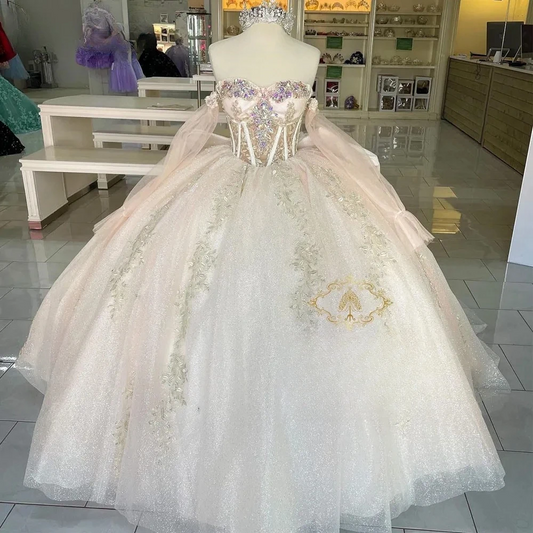 Champange Quinceanera Dresses Ball Gown Off The Shoulder Appliques Crystals Sweet 16 Dresses 15 Años Mexican