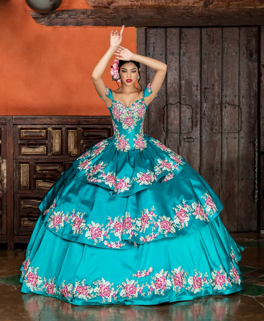 Mexican Quinceanera Dresses Ball Gown Off The Shoulder Satin Tiered Appliques Sweet 16 Dresses 15 Años