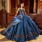 Blue Mexican Quinceanera Dresses Ball Gown Long Sleeves Appliques Sparkly Puffy Sweet 16 Dresses 15 Años