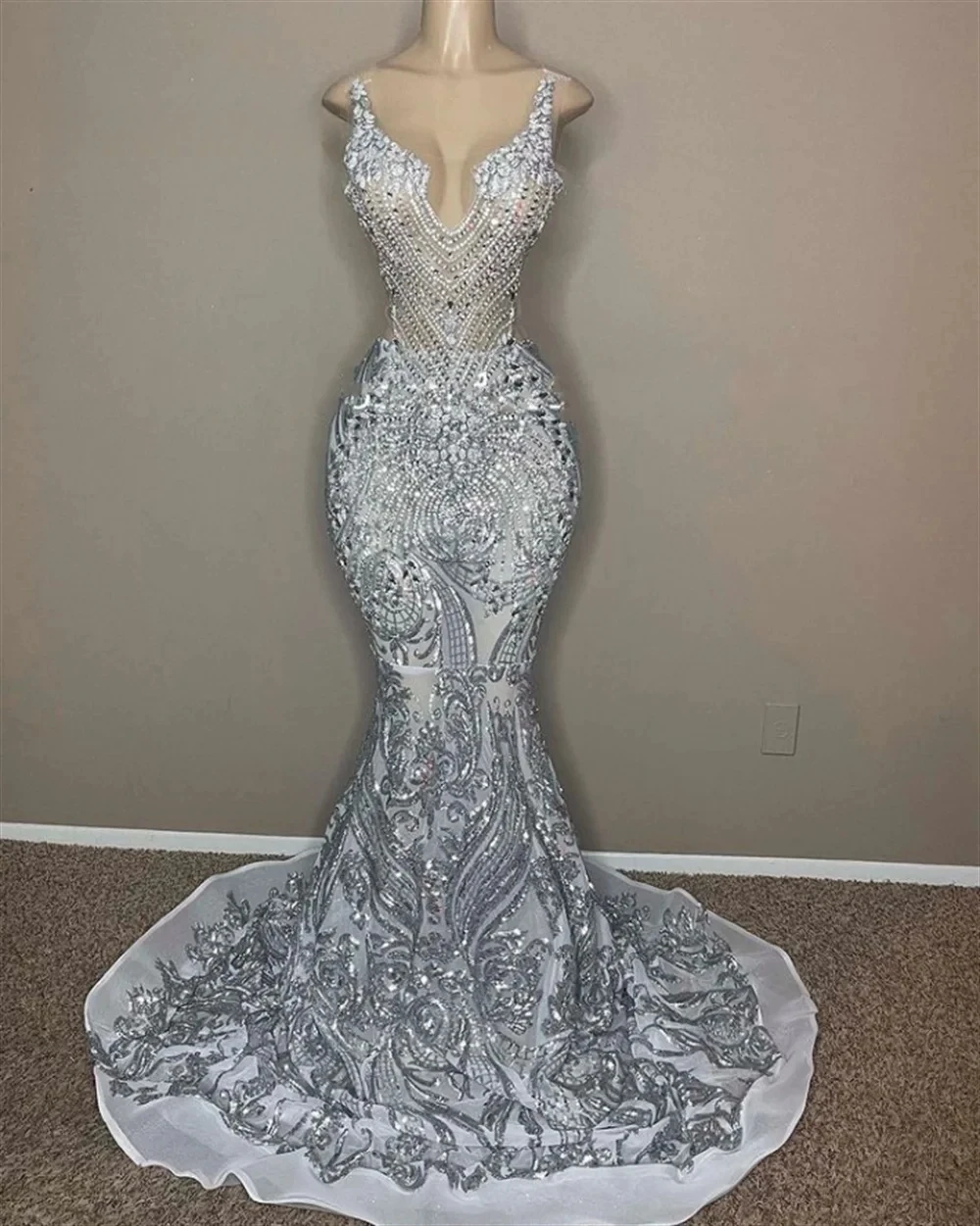 Silver Sheer Lace Diamond Long Prom Dresses For Black Girls Birthday Party Dresses African Mermaid Evening Gown Robe De