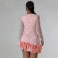 2024 New Women Mesh Sleeve Bodycon Sexy Diamonds Birthday Party Dress Tierred Ruffles Rhinestone Pearls Night Club Dress Pink