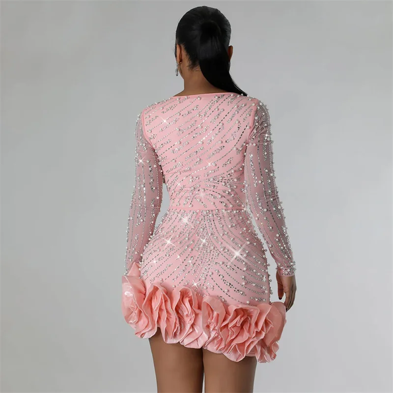 2024 New Women Mesh Sleeve Bodycon Sexy Diamonds Birthday Party Dress Tierred Ruffles Rhinestone Pearls Night Club Dress Pink