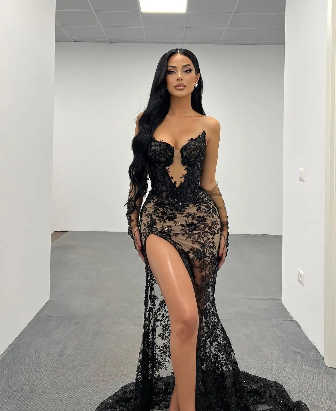 Classic Black Lace Evening Dresses with Detachable Sleeves Sexy Slit Appliques Mermaid Formal Gown 2024 Prom Party Dress Custom