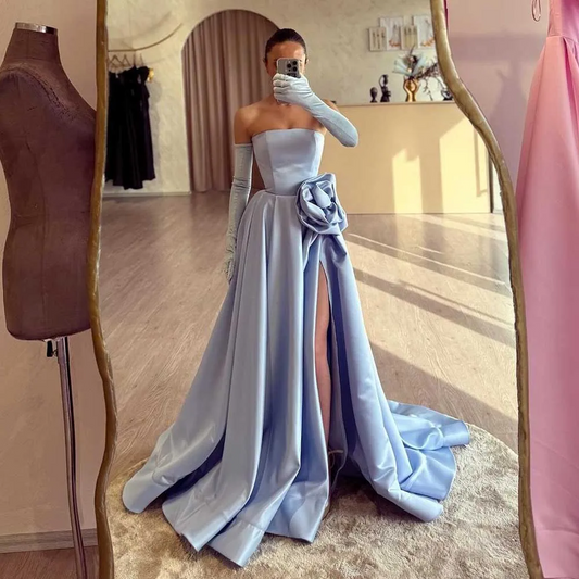 Elegant Blue A Line Prom Dresses Custom Made Side Split Strapless Formal Occasion Dress with Ruffled Flower Satin فساتين سهرة