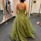 Shiny Green Straps A-Line Tulle Long Prom Dress