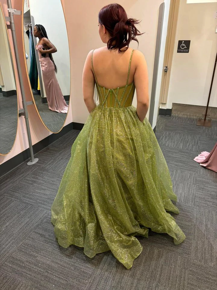 Shiny Green Straps A-Line Tulle Long Prom Dress