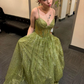 Shiny Green Straps A-Line Tulle Long Prom Dress