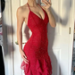 Gorgeous Red Halter Glitter Ruffle Mermaid Long Evening Dress