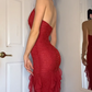 Gorgeous Red Halter Glitter Ruffle Mermaid Long Evening Dress