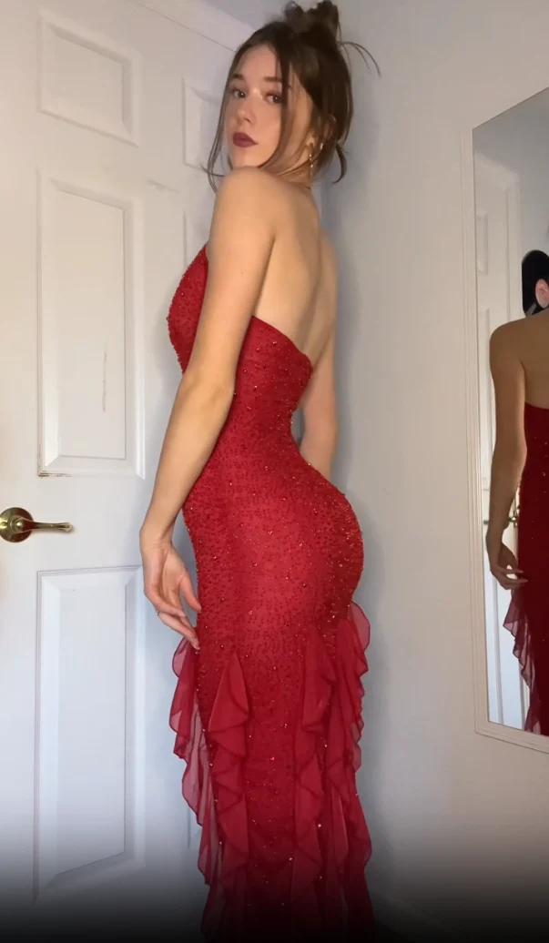 Gorgeous Red Halter Glitter Ruffle Mermaid Long Evening Dress