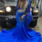 Royal Blue V-Neck Beading Mermaid Black Girl Evening Dress