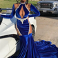 Royal Blue High Neck Long Sleeves Black Girl Mermaid Prom Dress