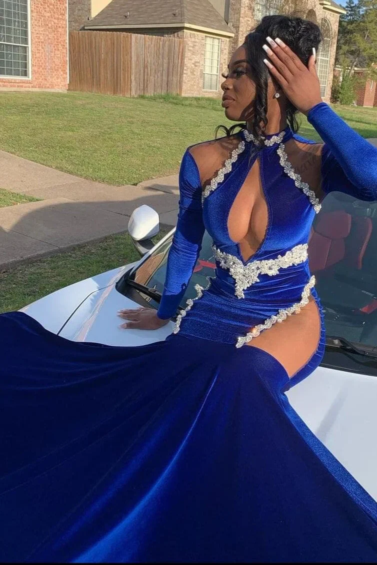 Royal Blue High Neck Long Sleeves Black Girl Mermaid Prom Dress