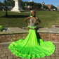 Fruit Green Sparkly Trumpet Evening Formal Party Dresses for Black Girl Luxury Diamond Feather Sheer Prom Birthday Gala Gown