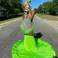 Fruit Green Sparkly Trumpet Evening Formal Party Dresses for Black Girl Luxury Diamond Feather Sheer Prom Birthday Gala Gown