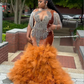 Brown Sparkly Plus Size Prom Ceremony Dresses for Black Girl Luxury Diamond Tassel Ruffles Skirt Evening Birthday Gala Gown 2024