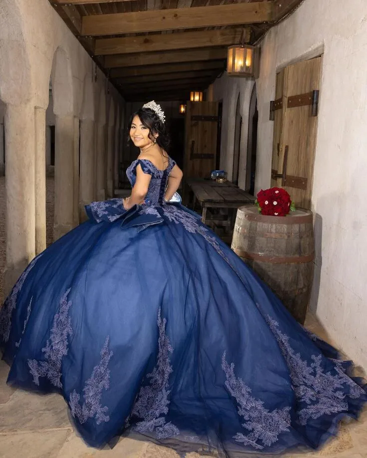 Royal Blue Princess Quinceanera Dresses Off Shoulder Gillter Applique Puffy Skirt Corset vestidos de 15 años quinceañeras 2024