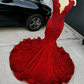 Red Sparkly Long Mermaid Prom Birthday Gala Dresses for Black Girl Luxury Diamond Velvet Evening Gown vestidos de 15 años