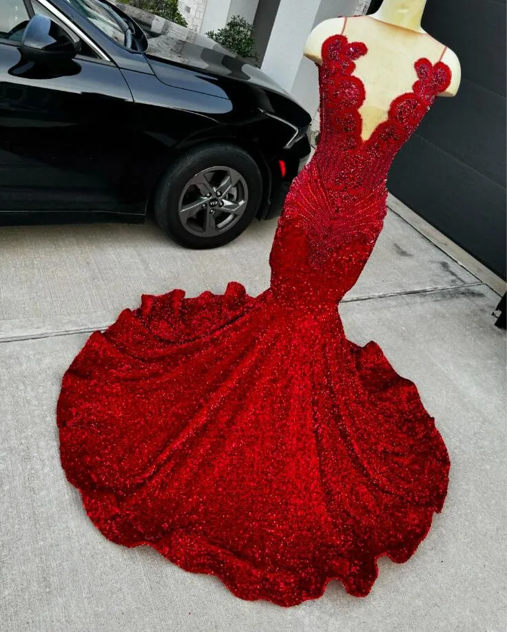 Red Sparkly Long Mermaid Prom Birthday Gala Dresses for Black Girl Luxury Diamond Velvet Evening Gown vestidos de 15 años