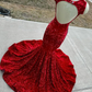 Red Sparkly Long Mermaid Prom Birthday Gala Dresses for Black Girl Luxury Diamond Velvet Evening Gown vestidos de 15 años