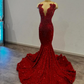 Red Sparkly Long Mermaid Prom Birthday Gala Dresses for Black Girl Luxury Diamond Velvet Evening Gown vestidos de 15 años