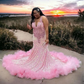 Sparkly Pink Mermaid Long Evening Birthday Gala Dresses for Black Girl Plus Size Gillter Diamond Velvet Prom Gown 2024