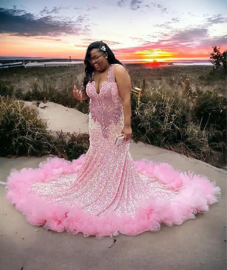 Sparkly Pink Mermaid Long Evening Birthday Gala Dresses for Black Girl Plus Size Gillter Diamond Velvet Prom Gown 2024