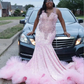 Sparkly Pink Mermaid Long Evening Birthday Gala Dresses for Black Girl Plus Size Gillter Diamond Velvet Prom Gown 2024