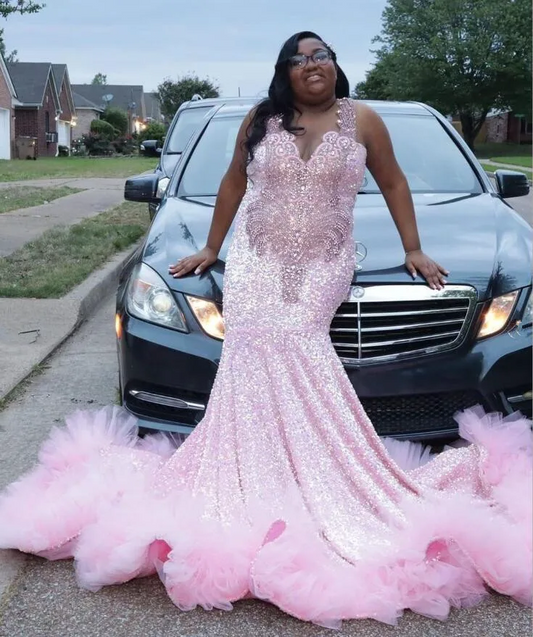 Sparkly Pink Mermaid Long Evening Birthday Gala Dresses for Black Girl Plus Size Gillter Diamond Velvet Prom Gown 2024