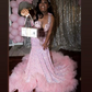 Sparkly Pink Mermaid Long Evening Birthday Gala Dresses for Black Girl Plus Size Gillter Diamond Velvet Prom Gown 2024