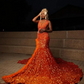 Orange Sparkly Mermaid Evneing Ceremony Party Dresses for Black Girl Luxury Diamond Velvet Slit Prom Gala Formal Dress Wear