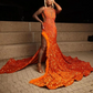 Orange Sparkly Mermaid Evneing Ceremony Party Dresses for Black Girl Luxury Diamond Velvet Slit Prom Gala Formal Dress Wear