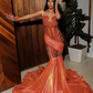 Orange Sparkly Mermaid Long Prom Birthday Party Dresses for Black Girl Sheer Mesh Gillter Diamond Evening Gown vestidos