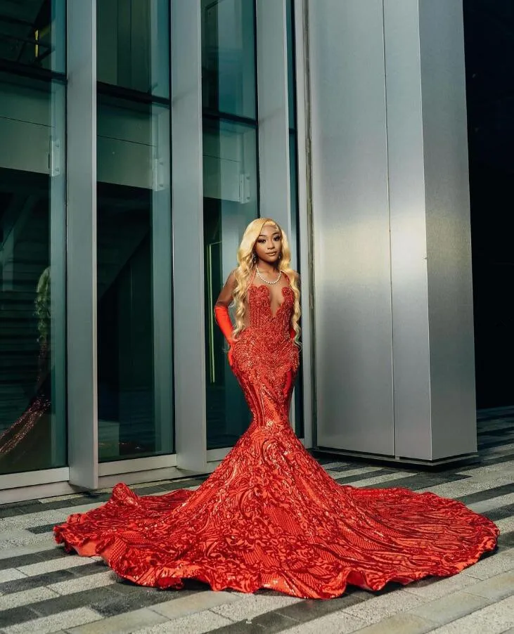 Red Sparkly Mermaid Long Prom Formal Party Dresses for Black Girl Luxury Gillter Diamond Evening Birthday Reception Dress Gala