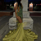 Green Luxury Evening Ceremony Formal Dresses for Black Girl Long Sparkly Diamond Crystal Prom Birthday Gala Dress