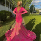 Fuchsia Pink Sparkly Long Sleeve Evening Formal Dresses for Black Girl Luxury Diamond Tassel African Prom Gala Gown Birthday