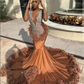 Brown Long Mermaid Evening Birthday Gala Dresses for Black Girl Luxury Diamond Crystal Feather Prom Ceremony Party Dress