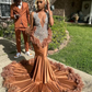 Brown Long Mermaid Evening Birthday Gala Dresses for Black Girl Luxury Diamond Crystal Feather Prom Ceremony Party Dress